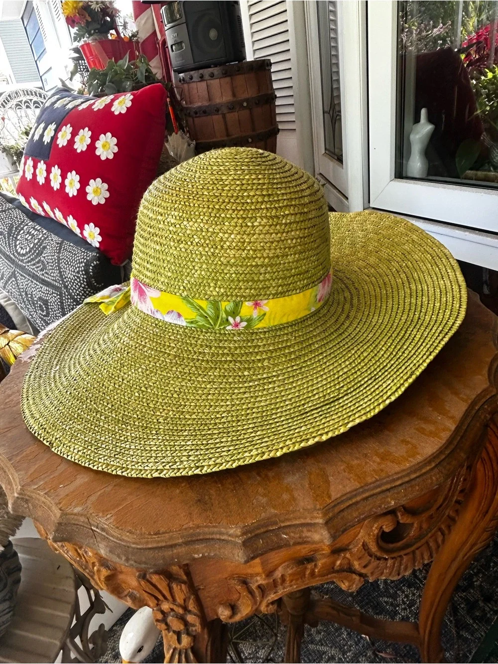 Sun Hat with Floral Tie - Yellow Green